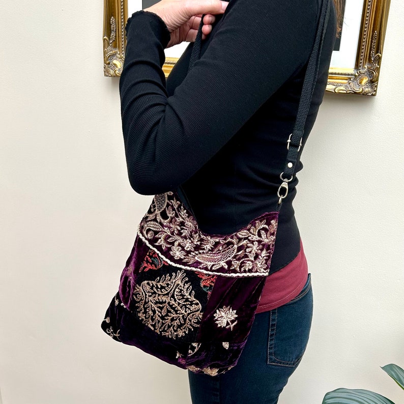 Purple Embroidered Velvet Crossbody Shoulder Slouchy Hobo Bag. Handmade Patchwork Bohemian Indian Handbags. image 8