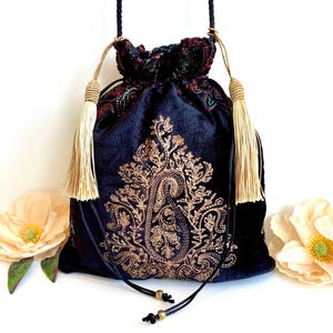 Black Rainbow Embroidered Potli Bag. Handmade Wedding Purse, Evening Shoulder Handbag. Velvet Drawstring Pouch.