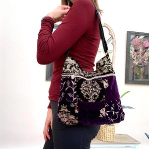 Purple Black Embroidered Velvet Crossbody Shoulder Slouchy Hobo Bag. Handmade Patchwork Bohemian Indian Handbags.