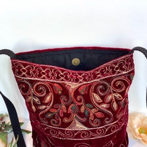 Red Rainbow Embroidered Velvet Crossbody Shoulder Slouch Hobo Bag. Handmade Bohemian Indian Handbags. image 4