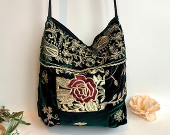 Embroidered Velvet Crossbody Shoulder Slouchy Hobo Bag. Handmade Patchwork Bohemian Indian Handbags.