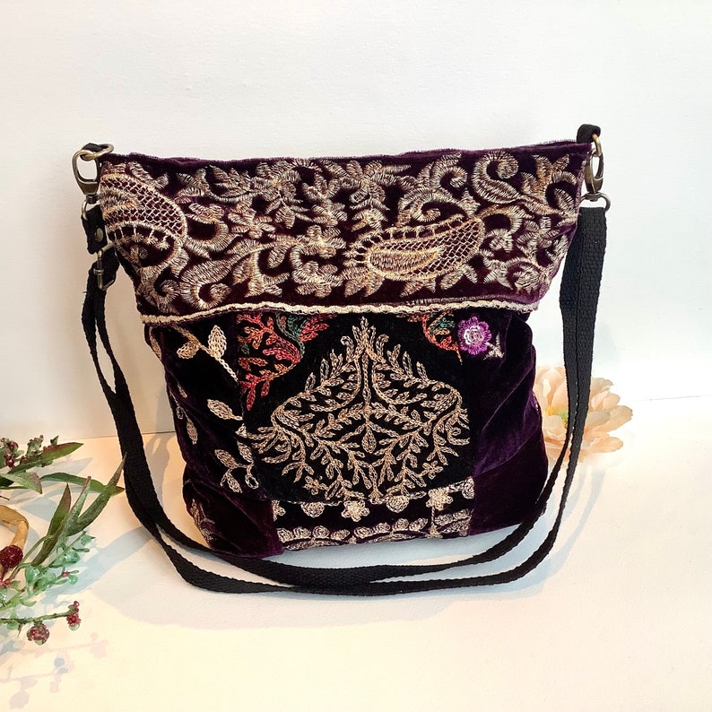 Purple Embroidered Velvet Crossbody Shoulder Slouchy Hobo Bag. Handmade Patchwork Bohemian Indian Handbags. image 5
