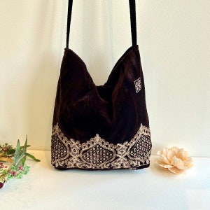Brown Embroidered Velvet Crossbody Shoulder Slouch Hobo Bag. Handmade Bohemian Indian Handbags.