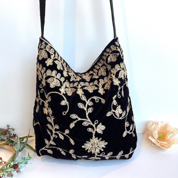 Black Embroidered Velvet Crossbody Shoulder Slouch Hobo Bag. Handmade Bohemian Indian Handbags.