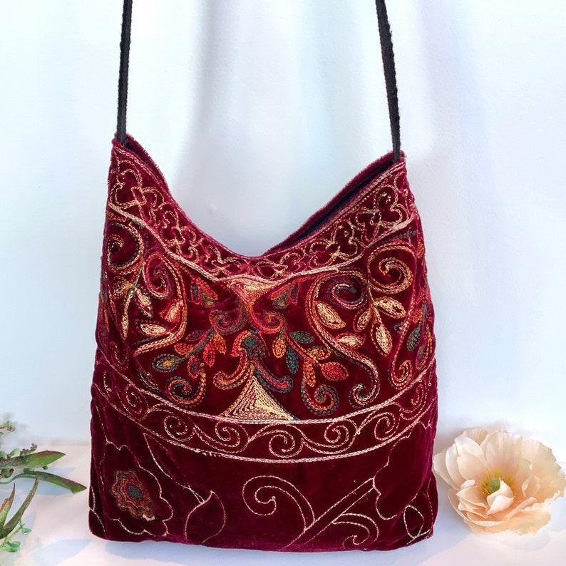 Red Rainbow Embroidered Velvet Crossbody Shoulder Slouch Hobo Bag. Handmade Bohemian Indian Handbags. image 2