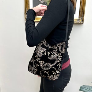 Black Embroidered Velvet Tote Shoulder Slouch Hobo Bag. Handmade Bohemian Handbags Festival Evening Purse