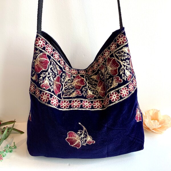 Large Chic Navy Blue Embroidered Velvet Crossbody Shoulder Slouch Hobo Bag. Handmade Bohemian Handbags.