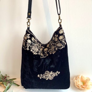 Black Adjustable Embroidered Velvet Shoulder Crossbody Slouch Hobo Bag. Handmade Bohemian Indian Handbags.