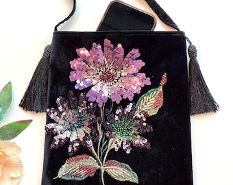 Unique Floral Embroidered Velvet Crossbody Shoulder Sling Bag. Handmade Bohemian Tassels Beaded Handbag.