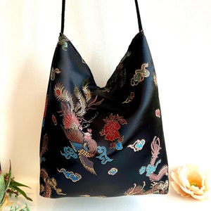 Black Chinese Brocade Crossbody Shoulder Slouchy Hobo Bag. Handmade Bohemian Handbag.