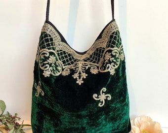 Emerald Green Embroidered Velvet Crossbody Shoulder Slouchy Hobo Bag. Handmade Bohemian Indian Handbags.