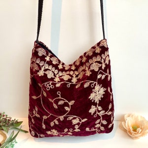 Berry Red Embroidered Velvet Crossbody Shoulder Slouch Hobo Bag. Handmade Bohemian Indian Handbags.