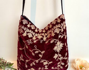 Berry Red Embroidered Velvet Crossbody Shoulder Slouch Hobo Bag. Handmade Bohemian Indian Handbags.