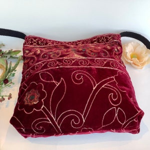 Red Rainbow Embroidered Velvet Crossbody Shoulder Slouch Hobo Bag. Handmade Bohemian Indian Handbags. image 5