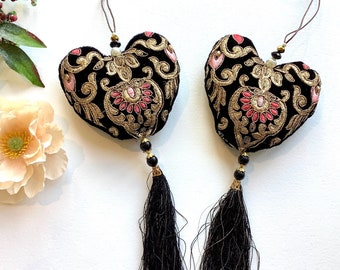 Handmade Pair of Luxury Indian Embroidered Bohemian Padded Heart Beaded Pendants . Ornamental Christmas Decorations. Valentines Gift.