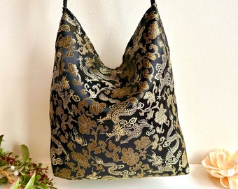 Black and Gold Chinese Brocade Dragon Crossbody Shoulder Slouchy Hobo Bag. Handmade Bohemian Handbags.