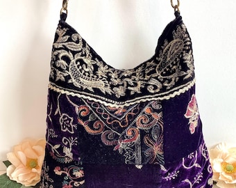 Small Embroidered Velvet Adjustable Crossbody Shoulder Slouchy Hobo Bag. Handmade Patchwork Bohemian Indian Purses.