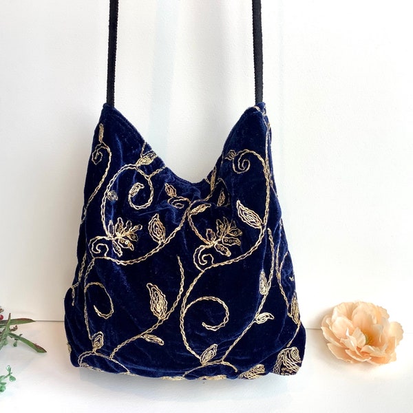 Blue and Gold Embroidered Velvet Crossbody Shoulder Slouch Hobo Bag. Handmade Bohemian Indian Handbags.