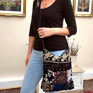Zipped Embroidered Velvet Crossbody Shoulder Slouchy Hobo Bag. Handmade Patchwork Bohemian Indian Handbags.