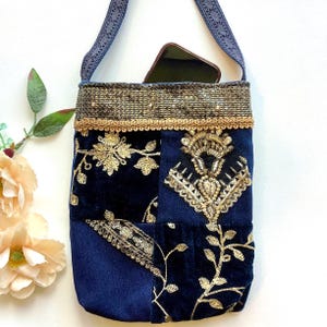 Upcycled Patchwork Shoulder Bag: Embroidered Velvet, Sari, Denim Sling Bag