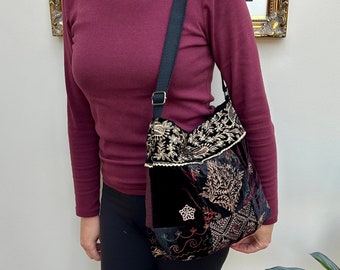 Large Embroidered Velvet Crossbody Shoulder Totes Slouchy Hobo Bag. Handmade Patchwork Bohemian Indian Handbags.