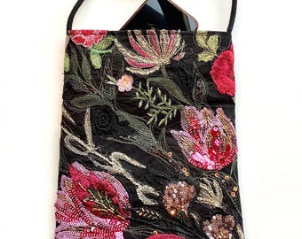 Unique Floral Embroidered Crossbody Shoulder Sling Bag. Handmade Bohemian Beaded Handbag.