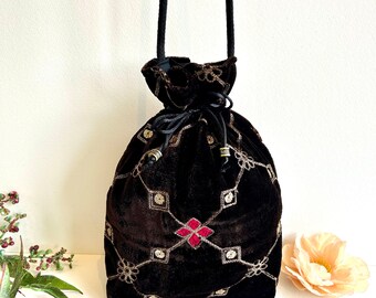 Brown Embroidered Potli Bag. Handmade Wedding Purse, Evening Shoulder Handbag. Velvet Drawstring Pouch.