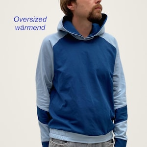 Colour-block Oversized Hoodie, Bio Baumwolle, Lässiger Streetwear Pullover, Hoodie, Blau, Biobaumwolle, Patchwork, Sweater, Größe M