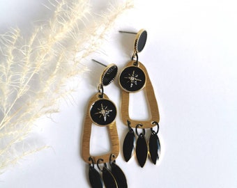 Boho style dangling earrings, black and gold