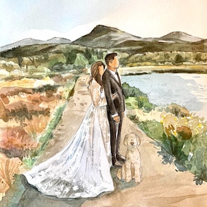 May include: A watercolor painting of a bride and groom standing on a path with a dog. The couple is looking out at a lake and mountains in the distance. The bride is wearing a white dress with lace and the groom is wearing a black suit. The dog is a white poodle.