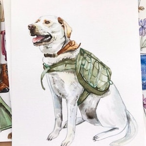 May include: A watercolor painting of a white Labrador Retriever wearing a green backpack. The dog is sitting with its head tilted to the side and its mouth slightly open.
