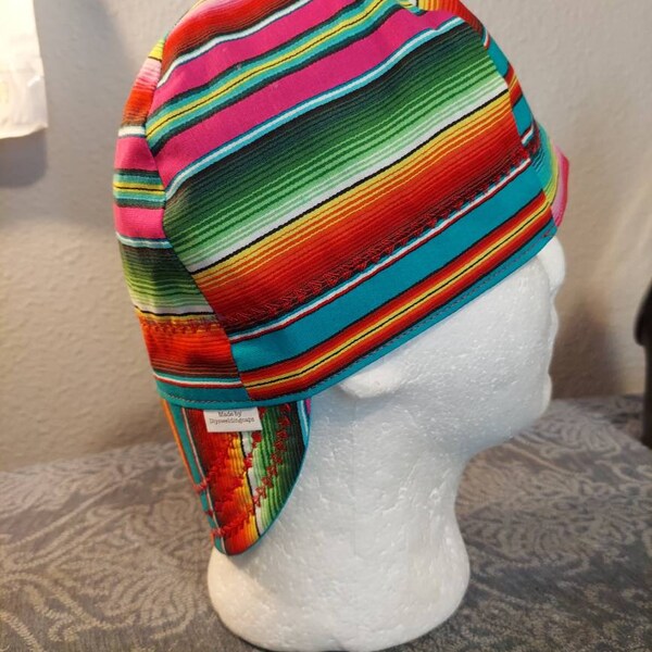 Reversible Mexican Sarape print welding cap/ pipefitters cap/ welderscaps. Green striped