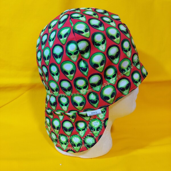 Reversible "Alien Heads" Red Background/welding cap/ pipefitters cap/ welders cap