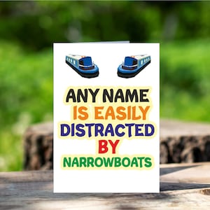 Biglietto di auguri narrowboat personalizzato - Qualsiasi nome è facilmente distratto da Narrowboats - Biglietto di ringraziamento per gli amanti di Narrowboat