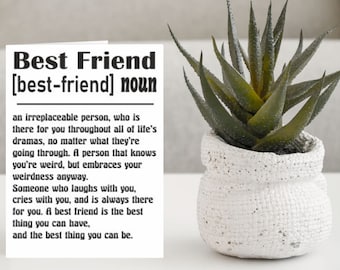 May include: A white card with black text that defines a best friend as an irreplaceable person who is always there for you. The card is sitting on a white table next to a potted succulent.