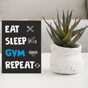 Fun Card For Gym Lover - Eat Sleep Gym Repeat - Blank Inside - Birthday Card Thank You Card - Friend Loves Going To The Gym - Exerciseing