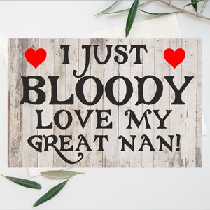 Carte amusante pour Great Nan - I Just Bloody Love My Great Nan - Blank Inside - Anniversaire Noël Merci Fête des Mères