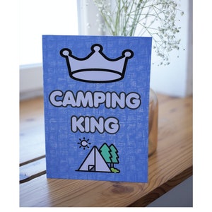 Belo cartão para amante de acampamento - Camping King - em branco dentro - Cartão de agradecimento de Natal de aniversário - Amigo adora cartão de férias de acampamento