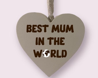 Regalo de corazón para mamá - Placa de corazón blanco - La mejor mamá del mundo - Grabado en MDF blanco con cinta de encaje