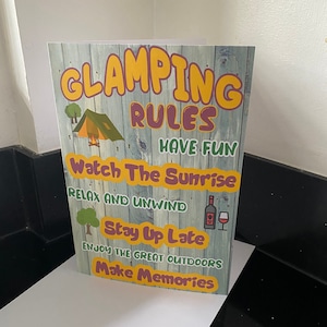 Tarjeta de diversión para amantes del glamping - Reglas de glamping - En blanco dentro - Tarjeta de agradecimiento de Navidad de cumpleaños - Bienvenido a mi tienda de campaña, Vacaciones divertidas de glamping