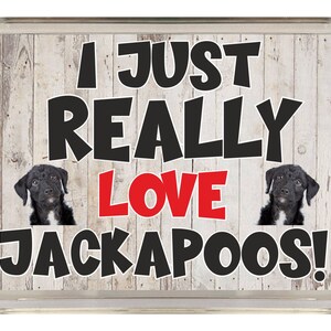 Puede incluir: Un imán rectangular con el texto "I JUST REALLY LOVE JACKAPOOS!" en negro y rojo. Dos caras de perro Jackapoo en blanco y negro están en el imán, sobre un fondo claro de vetas de madera.