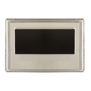 May include: A clear plastic frame with a black magnetic surface inside. The frame is designed to hold a photo or other small item.