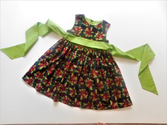 Girls dress, Christmas dress, Size 5,  party, occasion, red, green, black, plaid, sash, cotton, holly leaves, holly berries, pine cones