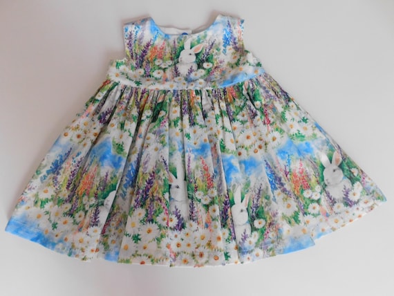 Girls Spring dress, girls dress, bunnies, flowers, baby girl party dress, toddler dress, girls clothing