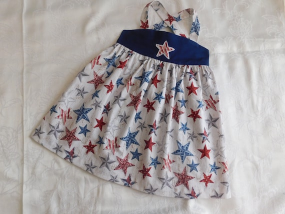 Baby/Toddler/Girl Sun Dress, Red, White & Blue Star Print , Halter Style with Shoulder Straps and elasticized bodice back
