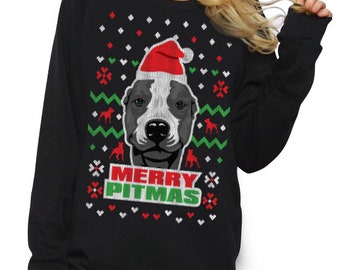 SpiritForged Apparel Pitbull Ugly Christmas Crewneck Sweater SpiritForged Apparel Pitbull Ugly Christmas Crewneck Sweater