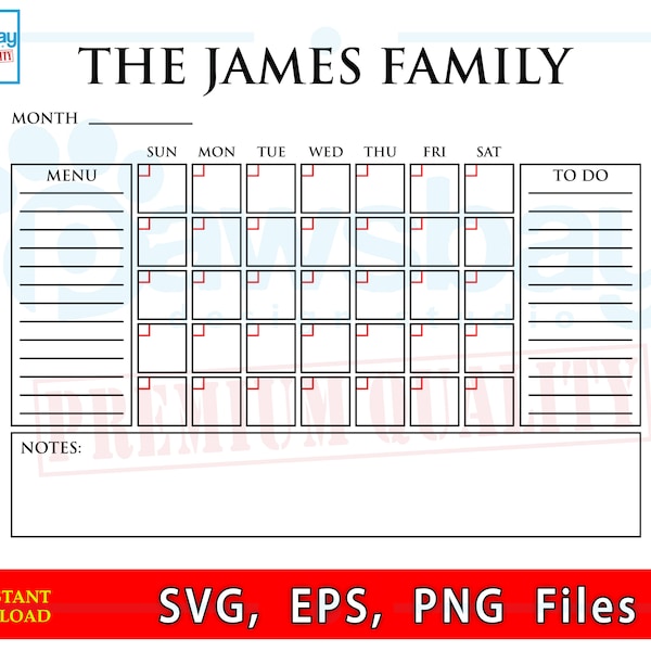 Custom Family Calendar SVG PNG EPS File, Acrylic Planner, Agenda Organizer ,Glow forge Cricut Engraved Vinyl Wood Cut File Download, ep842