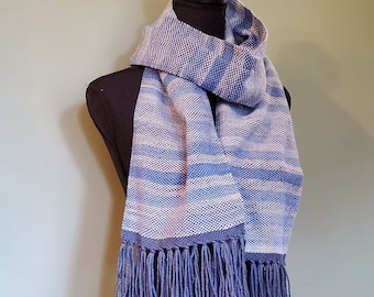Woven scarf, springtime handwoven scarf, blue and white scarf