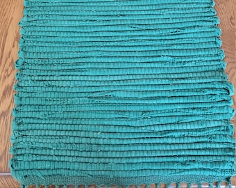 Long green woven table mat, handwoven piano runner, dresser scarf, cotton "rag rug" runner