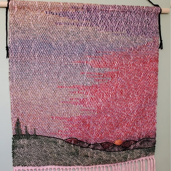 Large Woven Tapestry Pink Sky Landscape, Handwoven Wall Hanging